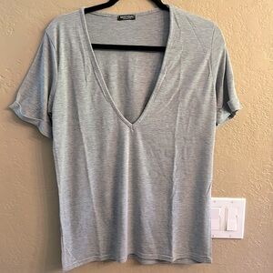 Nasty Gal Women’s Deep V neck Short Sleeve Heathers Gray Folded Sleeves Tshirt M